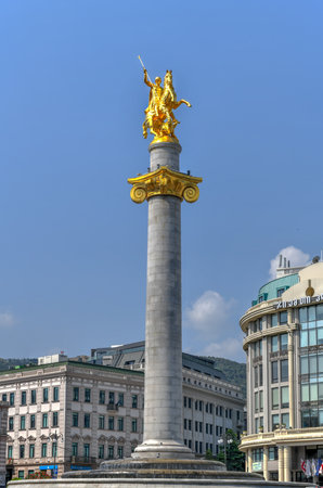 Golden statue of St. George on the main square of Tbilisi, capital city of Georgia.の写真素材
