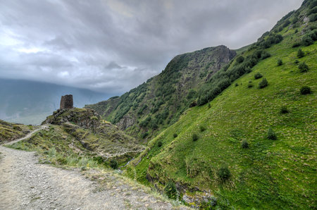 Hilly landscape near the village of Gergeti in Georgia, under Mount Kazbegi.