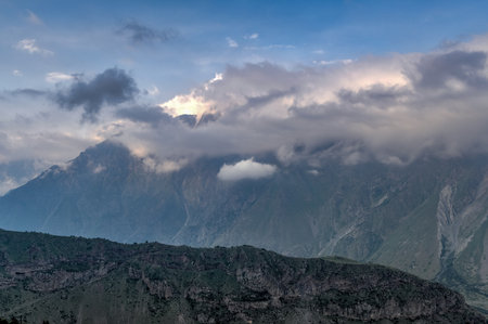 Hilly landscape near the village of Gergeti in Georgia, under Mount Kazbegi.の写真素材