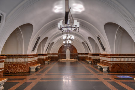 Moscow, Russia - July 16, 2018: Frunzenskaya along the Sokolnicheskaya line metro station in Moscow, Russia.のeditorial素材