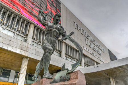 Moscow, Russia - July 18, 2018: Yevgeny Vuchetich's 'Let us Beat Swords into Ploughshares' bronze outside the Tretyakov Gallery, Moscow, Russia.のeditorial素材