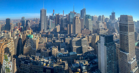 Panoramic view of the New York City skyline and Midtown Manhattan.