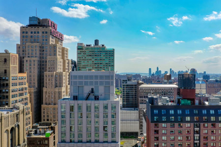 New York City - May 8, 2019: Panoramic view of Midtown Manhattan and the New Yorker Hotel in New York City during the day.のeditorial素材