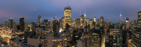 New York City - May 9, 2019: Panoramic view of Midtown Manhattan skyscrapers in New York City during...