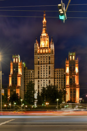 Apartment building on Kotelnicheskaya embankment at night. Moscow, Russiaの写真素材