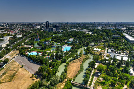 Aerial view of the skyline of Tashkent, Uzbekistan during the day.の写真素材