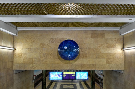 Tashkent, Uzbekistan - July 8, 2019: Kosmonavtlar Metro Station, a space-programme-themed station of the Tashkent Metro on OÊ»zbekiston Line in Tashkent, Uzbekistan.のeditorial素材