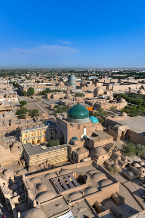 Aerial view of the architecture of the Khiva's madrassa and Islam Khoja Minaret in Uzbekistan.の写真素材