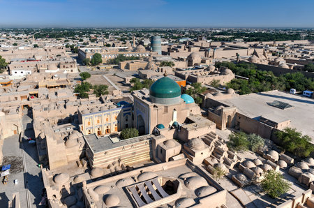 Aerial view of the architecture of the Khiva's madrassa and Islam Khoja Minaret in Uzbekistan.の写真素材