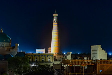 The architecture of the old city's madrassa and Islam Khoja Minaret.の写真素材