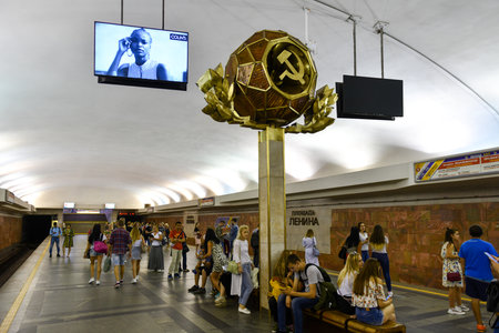 Minsk, Belarus - July 20, 2019: Lenin Square metro station in Minsk, Belarus with Soviet-era...