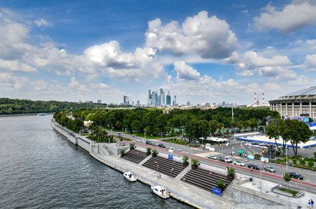 Aerial view of the skysrapers of Moscow City over the Moscow River, in Moscow, Russia.のeditorial素材