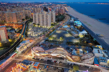 Aerial view along Coney Island and the beach in Brooklyn, New York.の写真素材