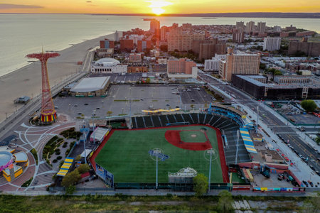 Aerial view along Coney Island and the beach in Brooklyn, New York.の写真素材