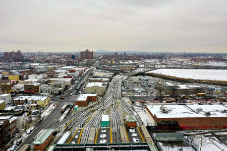 Aerial view of the snow-covered elevated train tracks extending from Coney Island, Brooklyn, New York.の写真素材