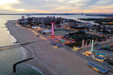 Aerial view along Coney Island and the beach in Brooklyn, New York.の写真素材