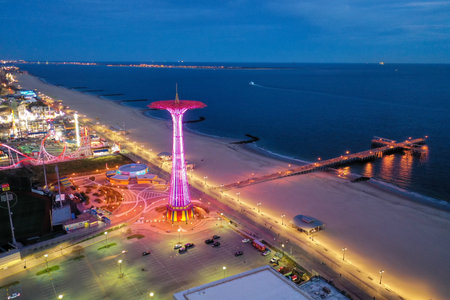 Aerial view along Coney Island and the beach in Brooklyn, New York.の写真素材