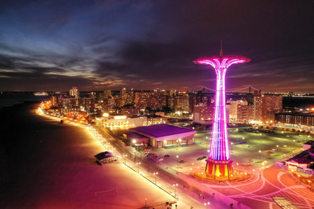 Aerial view along Coney Island and the beach in Brooklyn, New York.の写真素材