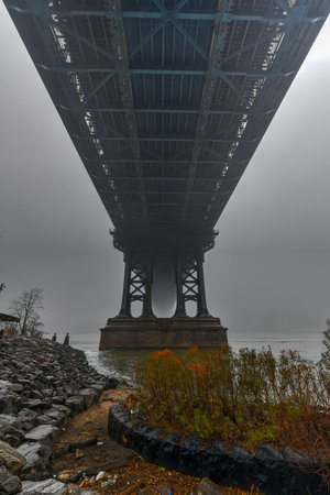 Manhattan Bridge view on a foggy day from DUMBO in Brooklyn.の写真素材