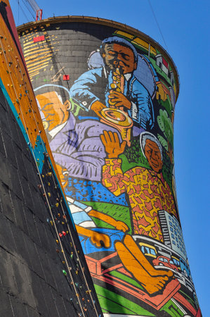Soweto, South Africa - Oct 22, 2011: Orlando Towers Painted chimneys in Soweto, South Africa. Orlando towers are a famous landmark of Soweto, the township of Johannesburg.のeditorial素材