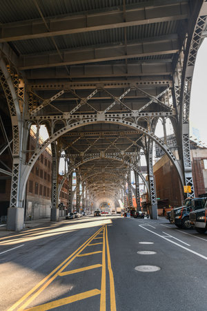 New York City - Feb 17, 2020: Underside of the steel girders of Henry Hudson Parkway in Manhattan, New York City.のeditorial素材
