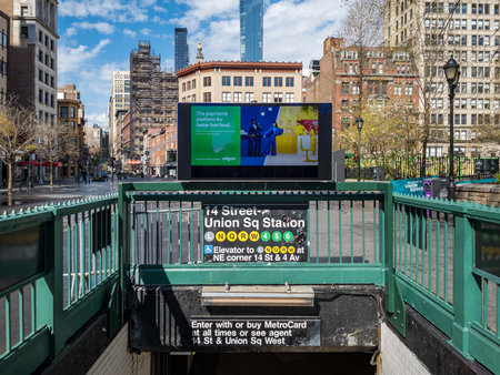 New York City - April 9, 2020: 14th Street Union Square Station subway entrance in Manhattan, New York City.のeditorial素材