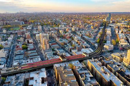 New York City - May 2, 2020: Aerial view of the elevated subway tracks along Brighton Beach in Brooklyn, New Yorkのeditorial素材