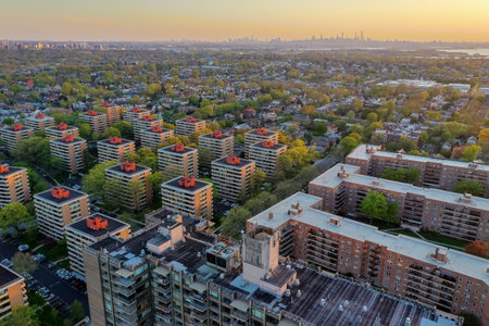 Aerial view of Queens in New York City at sunset with the George Washington Bridge in the background.のeditorial素材