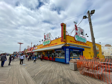 New York City - May 25, 2020: Nathan's Restaurant on the Coney Island Boardwalk with social distancing on Memorial Day 2020.のeditorial素材