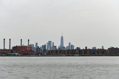 Brooklyn, New York - Apr 24, 2021: Downtown New York City skyline from Transmitter Park in Greenpoint, Brooklyn.のeditorial素材