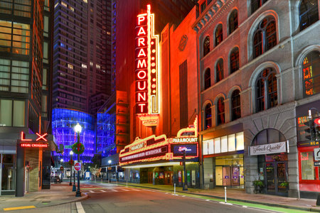 Boston, Massachusetts - Nov 27, 2020: The Paramount Theater, along Washington Street in Boston, Massachusetts at night. The Paramount is a performing arts facility in Boston.のeditorial素材