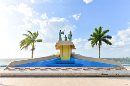 Campeche, Mexico - May 25, 2021: October 4 Plaza commemorating the date of the city's âfoundingâ, depicting the meeting of a Maya cacique (chief), the conquistador Francisco de Montejo and a priest.のeditorial素材
