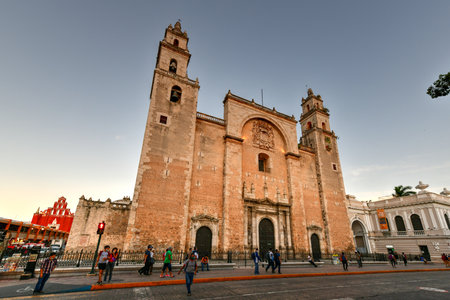 Merida, Mexico - May 24, 2021: The San Ildefonso Cathedral of Merida, the first cathedral to be finished on the American mainland and the only one to be entirely built during the 16th century.のeditorial素材