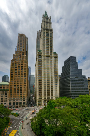 New York City - June 13, 2021: Panoramic aerial view of the skyscrapers of lower Manhattan in New York City.のeditorial素材