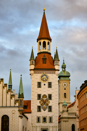 Old Town Hall with Tower against a scenic sky in Bavaria, Munich, Germanyの写真素材