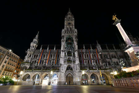 Munich, Germany - July 9, 2021: Night panorama of Marienplatz and Munich city hall in Munich, Germanyの写真素材