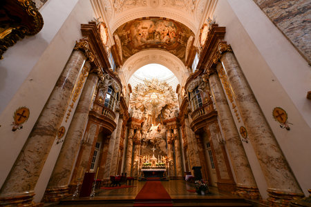 Vienna, Austria - July 15, 2021: Dome and interior of the Karlskirche (St. Charles' Church) in...