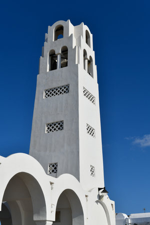Famous Orthodox Metropolitan Cathedral Church of Candlemas of The Lord in Fira, Santorini island, Cyclades, Greeceの写真素材