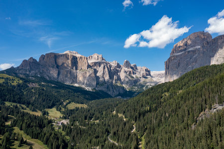 Dolomites, Passo Sella. Beautiful view of Canazei from Passo Sella. Dolomites, Italy.の写真素材