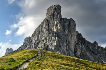Panoramic view of Passo Giau in the Dolomite Mountains of Italy.の写真素材