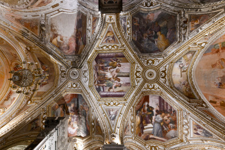 Amalfi, Italy - Aug 28, 2021: Ceiling interior of Apostle Saint Andrew, Roman Catholic church.のeditorial素材