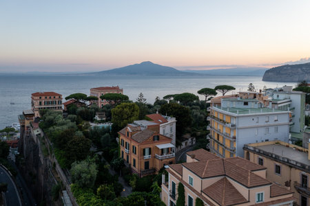 Sorrento and the bay of Naples looking towards Vesuvius at dawn in Italy.の写真素材
