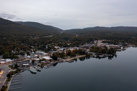 Panoramic view of a rural farm in autumn in Vermont.の写真素材