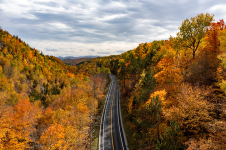 Aerial view of peak fall foliage in Keene, New York in upstate New York.の写真素材
