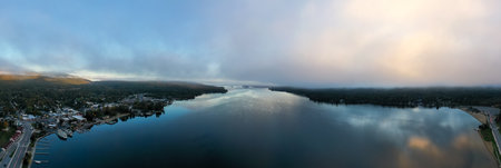 Panoramic view of the bay in Lake George, New York at dawn.の写真素材