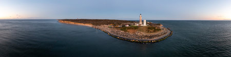 Montauk Lighthouse and beach at sunrise, Long Island, New York, USA.の写真素材