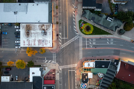Aerial view of a street intersection in the city of Lake George, New York in the early morning.