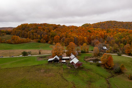 Panoramic view of a rural farm in autumn in Vermont.のeditorial素材