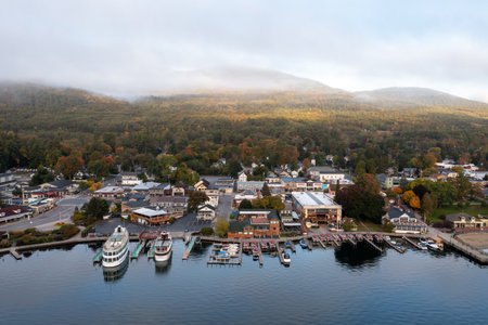 Panoramic view of the bay in Lake George, New York at dawn.のeditorial素材