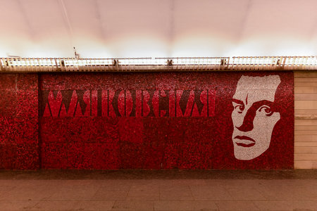 Saint Petersburg, Russia - Dec 25, 2021: Interior of the  Mayakovskaya metro station in Saint Petersburg, Russia. Opened on Nov 3, 1967 and named after Russian poet Vladimir Mayakovsky.のeditorial素材